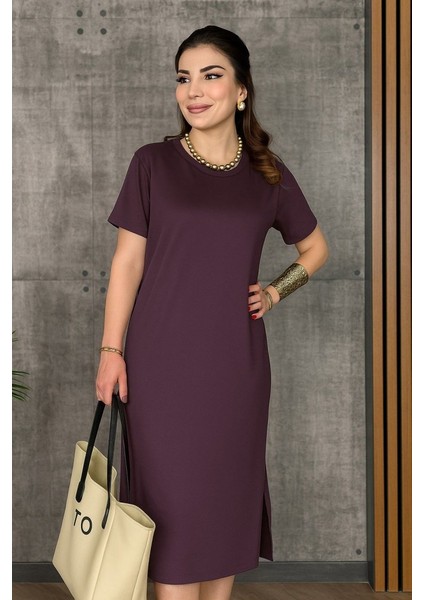 Ulak Handmader Kadın Kısa Kollu Bisiklet Yaka Yırtmaçlı Viskon Iki Iplik Elbise