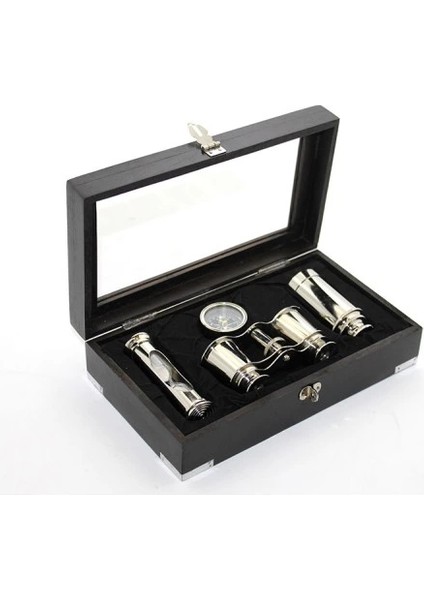 Ahşap Kutulu Pirinç Dürbün Pusula ve Kum Saati Seti