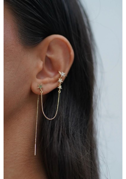 Yıldız Detaylı Altın Earcuff Kıkırdak Küpe Piercing