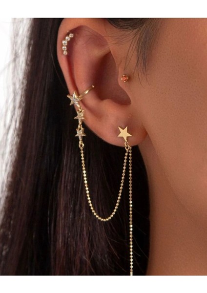 Yıldız Detaylı Altın Earcuff Kıkırdak Küpe Piercing modelleri