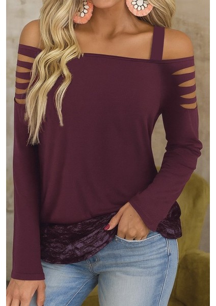 Ulak Handmader Kadın Uzun Lazer Kesik Detaylı Askılı Viskon Iki Iplik Bluz