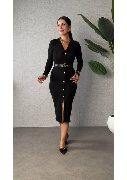 Ulak Handmader Kadın Uzun Kollu V Yakalı Önden Düğmeli Yırtmaçlı Modal Midi Kemersiz Elbise fiyatları