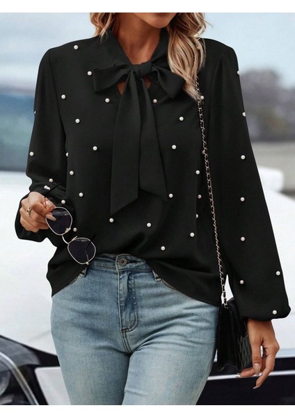 Ulak Handmader Kadın Uzun Kollu Yakadan Fiyonklu Incili Ithal Krep Bluz fiyatları