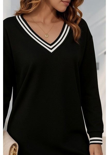 Ulak Handmader Kadın Uzun Kollu V Yakalı Şerit Detaylı Kısa Viskon Iki Iplik Elbise fiyatları