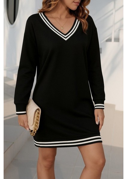 Ulak Handmader Kadın Uzun Kollu V Yakalı Şerit Detaylı Kısa Viskon Iki Iplik Elbise modelleri