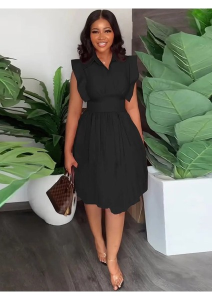 Ulak Handmader Kadın Yakalı Belden Oturmalı Önden Büzgülü Dokuma Mini Elbise