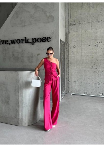 Ulak Handmader Tek Kol Yelek - Pantolon Takım Atlas - Fuşya fiyatları