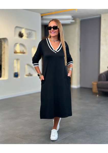 Ulak Handmader Kadın Uzun Kollu V Ribana Yakalı Yanlardan Yırtmaçlı Midi Viskon Iki Iplik Elbise indirimleri