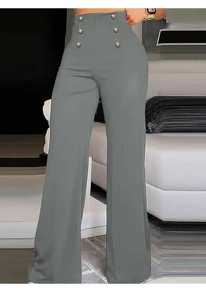 Ulak Handmader Kadın Yüksek Bel Önden Düğmeli Uzun Paçaya Doğru Geniş Ithal Krep Pantolon