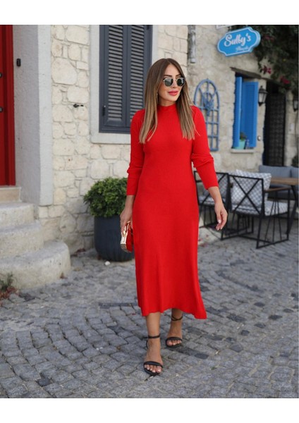 Ulak Handmader Kadın Uzun Kollu Yarı Balıkçı Yaka Arkadan Pencere Detaylı Bağcıklı Midi Triko Elbise fiyatları