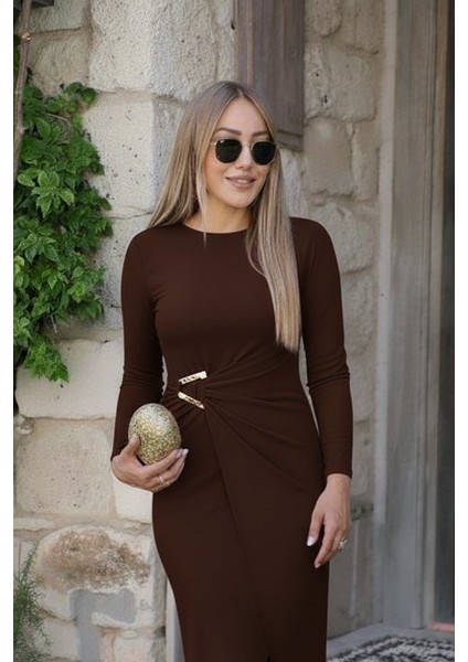 Ulak Handmader Kadın Uzun Kollu Önden Çapraz Detaylı Yandan Toka Detaylı Uzun Sandy Elbise fiyatları