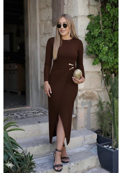 Ulak Handmader Kadın Uzun Kollu Önden Çapraz Detaylı Yandan Toka Detaylı Uzun Sandy Elbise fırsatları