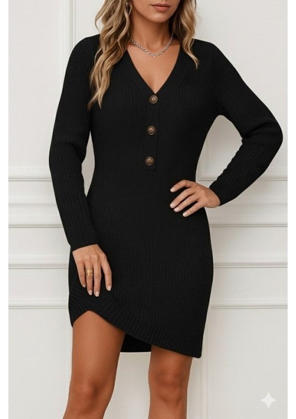 Ulak Handmader Kadın Uzun Kollu V Yakalı Önden Düğmeli Kısa Triko Elbise