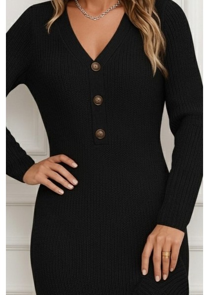Ulak Handmader Kadın Uzun Kollu V Yakalı Önden Düğmeli Kısa Triko Elbise fiyatları