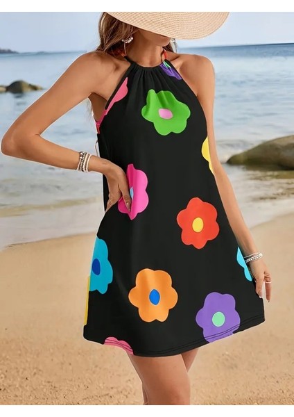 Ulak Handmader Kadın Boyundan Askılı Kolsuz Çiçek Desenli Süprem Elbise