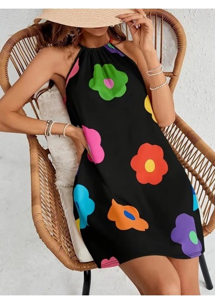 Ulak Handmader Kadın Boyundan Askılı Kolsuz Çiçek Desenli Süprem Elbise modelleri