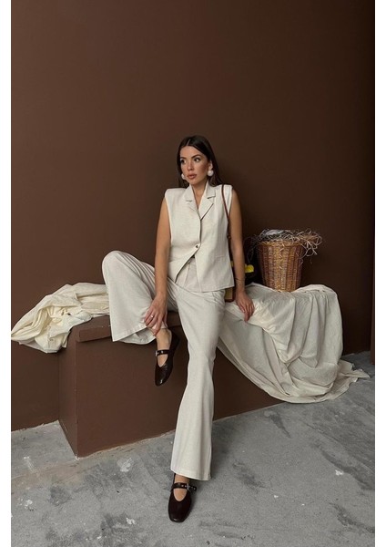 Ulak Handmader Bej Keten Yelek Pantolon Takım modelleri