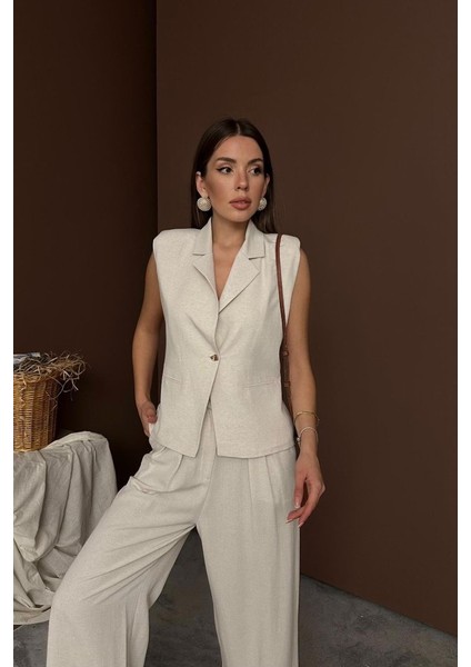 Ulak Handmader Bej Keten Yelek Pantolon Takım fırsatları