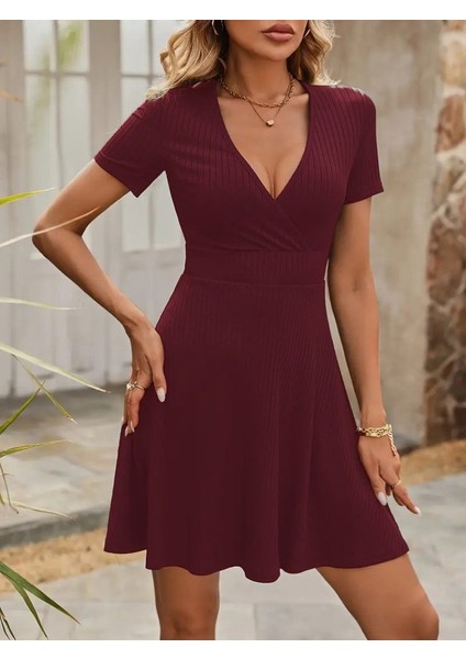 Ulak Handmader Kadın Kısa Kollu Kruvaze Yaka A Kesim Kalın Fitilli Kaşkorse Elbise fırsatları