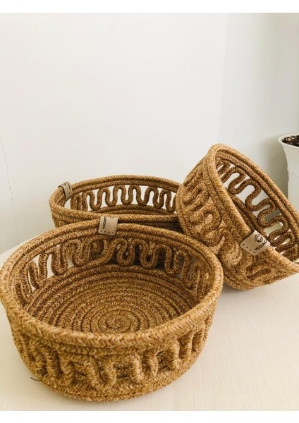3 Lü Sepet Çok Amaçlı Organizer Işlemeli Hasır Jüt Sepet Takımı