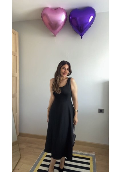 Ulak Handmader Kadın Askılı Kare Yaka Yırtmaçlı Midi Janjan Krep Elbise