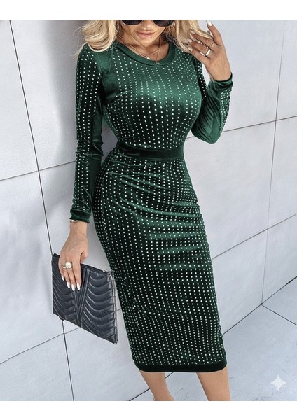 Ulak Handmader Kadın Uzun Kollu Bisiklet Yaka Taşlı Midi Kadife Elbise modelleri