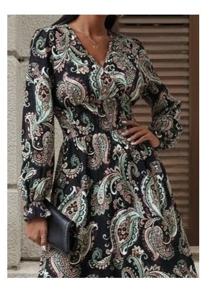 Ulak Handmader Kadın Uzun Kollu Kruvaze Yaka Beli Lastikli Uzun Desenli Maxi Elbise modelleri