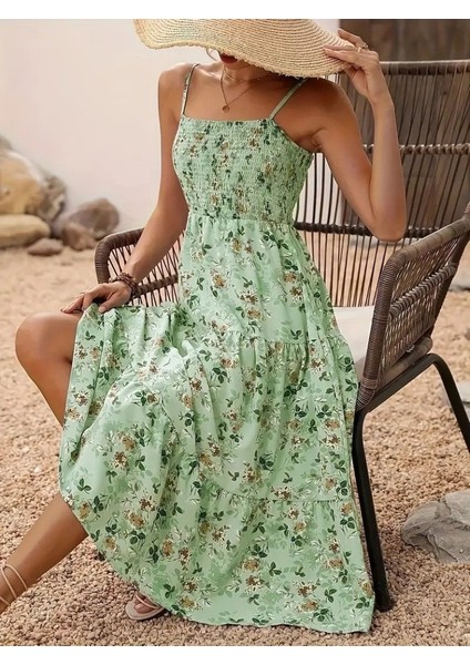 Ulak Handmader Kadın Ip Askılı Geniş V Yakalı Desenli Uzun Süprem Elbise