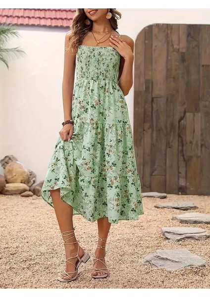 Ulak Handmader Kadın Ip Askılı Geniş V Yakalı Desenli Uzun Süprem Elbise modelleri