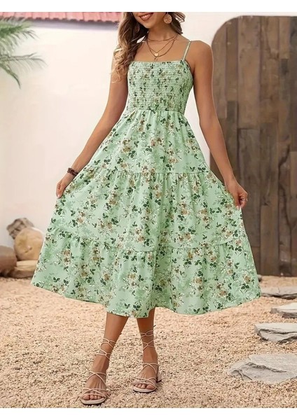 Ulak Handmader Kadın Ip Askılı Geniş V Yakalı Desenli Uzun Süprem Elbise fırsatları