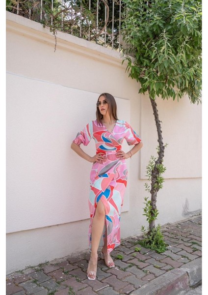 Ulak Handmader Fuşya Desenli Yırtmaçlı Elbise