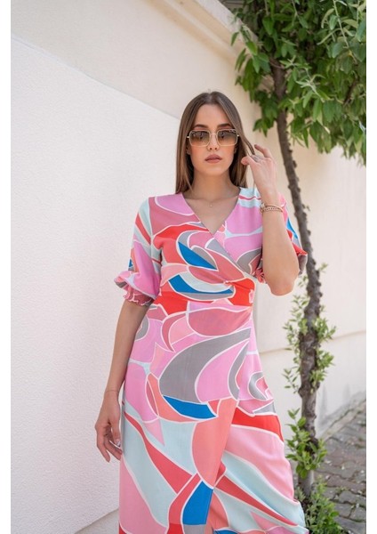 Ulak Handmader Fuşya Desenli Yırtmaçlı Elbise modelleri