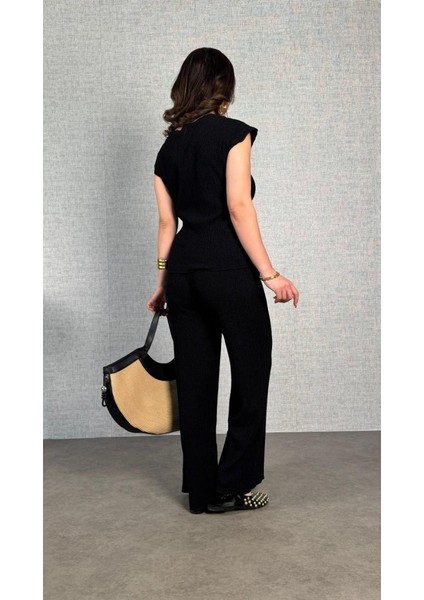 Ulak Handmader Kadın Kısa Kollu Bisiklet Yaka Yandan Bağlamalı Bürümcük Bluz ve Pantolon Ikili Takım