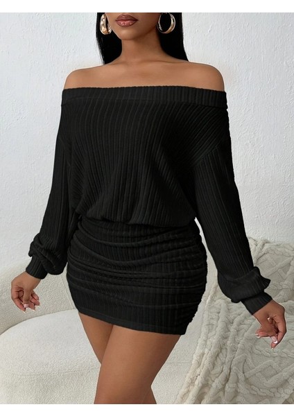 Ulak Handmader Kadın Uzun Kollu Madonna Yaka Yanlardan Büzgülü Şardonlu Kaşkorse Mini Elbise indirimleri