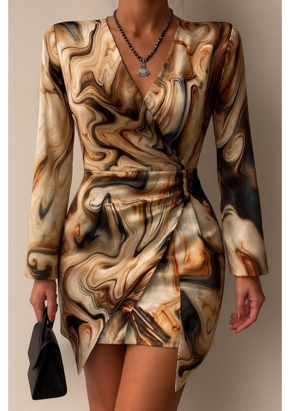 Ulak Handmader Kadın Uzun Kollu Kruvaze Yakalı Asimetrik Detaylı Mini Modal Elbise