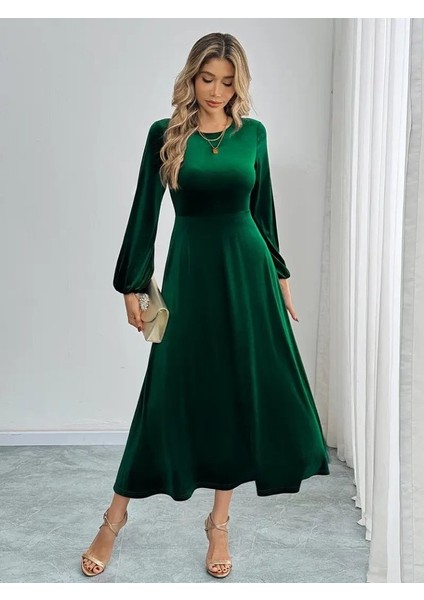 Ulak Handmader Kadın Uzun Kollu Bisiklet Yaka Midi Kadife Elbise modelleri