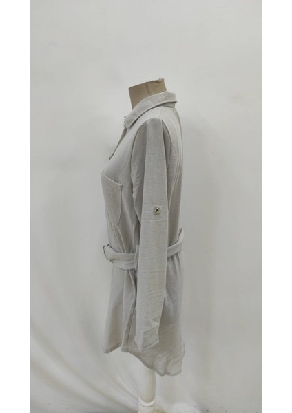 Ulak Handmader Kadın Uzun Kollu Yakalı Önden Düğmeli Beli Kuşaklı Mini Ithal Keten Elbise