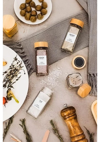 Bambu Kapaklı Kare Cam Baharatlık Takımı 120ML Etiket Hediyeli