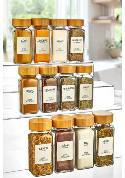 Bambu Kapaklı Kare Cam Baharatlık Takımı 120ML Etiket Hediyeli