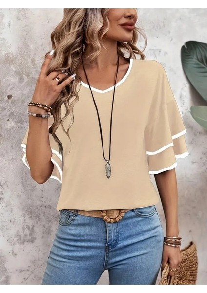 Ulak Handmader Kadın Kısa Kollu V Yakalı Viskon Bluz fırsatları