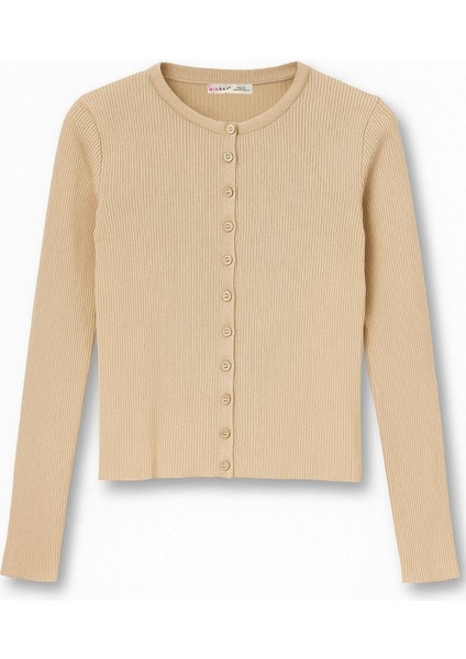6931 Kadın Düğmeli Fitilli Triko Hırka Camel