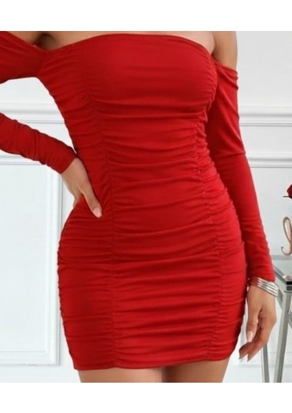 Ulak Handmader Kadın Uzun Kollu Omuzlardan Açık Takma Kollu Büzgülü Sandy Kısa Elbise fiyatları