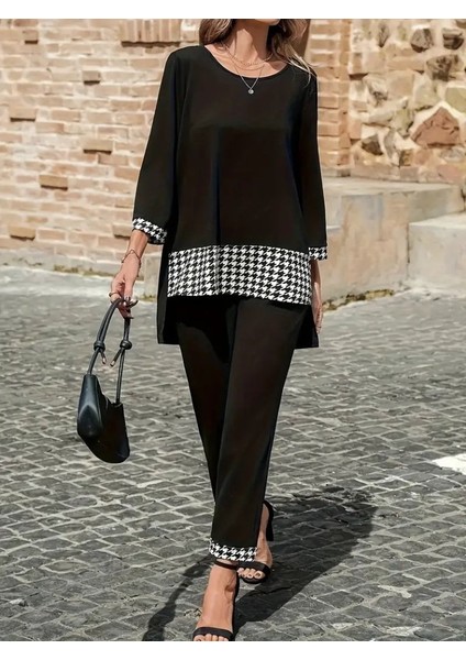 Ulak Handmader Kadın Uzun Kollu Yuvarlak Yakalı Kaz Ayağı Detaylı Viskon Iki Iplik Bluz ve Pantolon Ikili Takım fiyatları