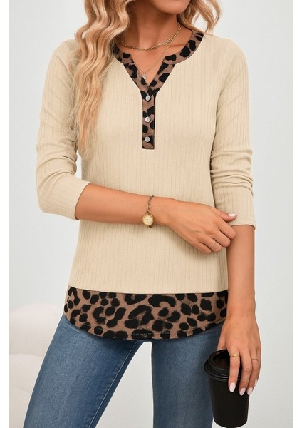 Ulak Handmader Kadın Uzun Kollu Yakadan Düğmeli Leopar Detaylı Kaşkorse Bluz