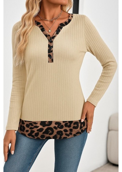 Ulak Handmader Kadın Uzun Kollu Yakadan Düğmeli Leopar Detaylı Kaşkorse Bluz modelleri