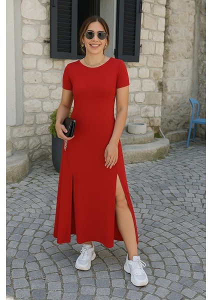 Ulak Handmader Kadın Kısa Kollu Sırt Dekolteli Yırtmaç Detaylı Viskon Elbise fiyatları