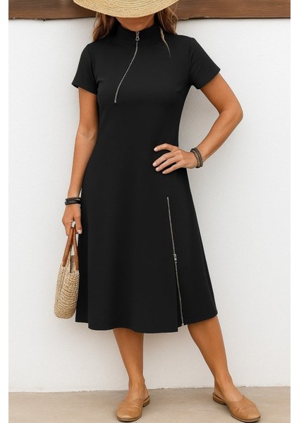 Ulak Handmader Kadın Kısa Kollu Yakadan ve Etekten Fermuarlı Midi Viskon Iki Iplik Elbise
