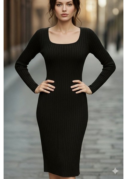 Ulak Handmader Kadın Uzun Kollu Kare Yakalı Midi Şardonlu Kaşkorse Elbise