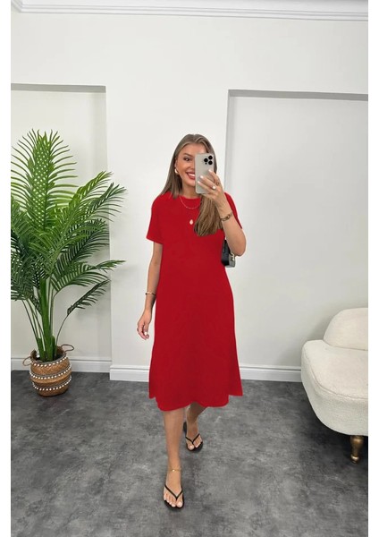 Ulak Handmader Kadın Kısa Kollu Yırtmaç Detaylı Salaş Viskon Elbise