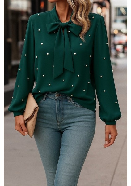 Ulak Handmader Kadın Uzun Kollu Yakadan Fiyonklu Incili Ithal Krep Bluz